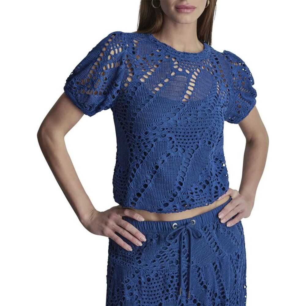 Dkny Womens Crochet Leaf Top, Blue